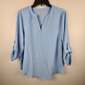 89th + Madison Womens Glacier Lake Blue Roll Tab Sleeve V-Neck Blouse Medium